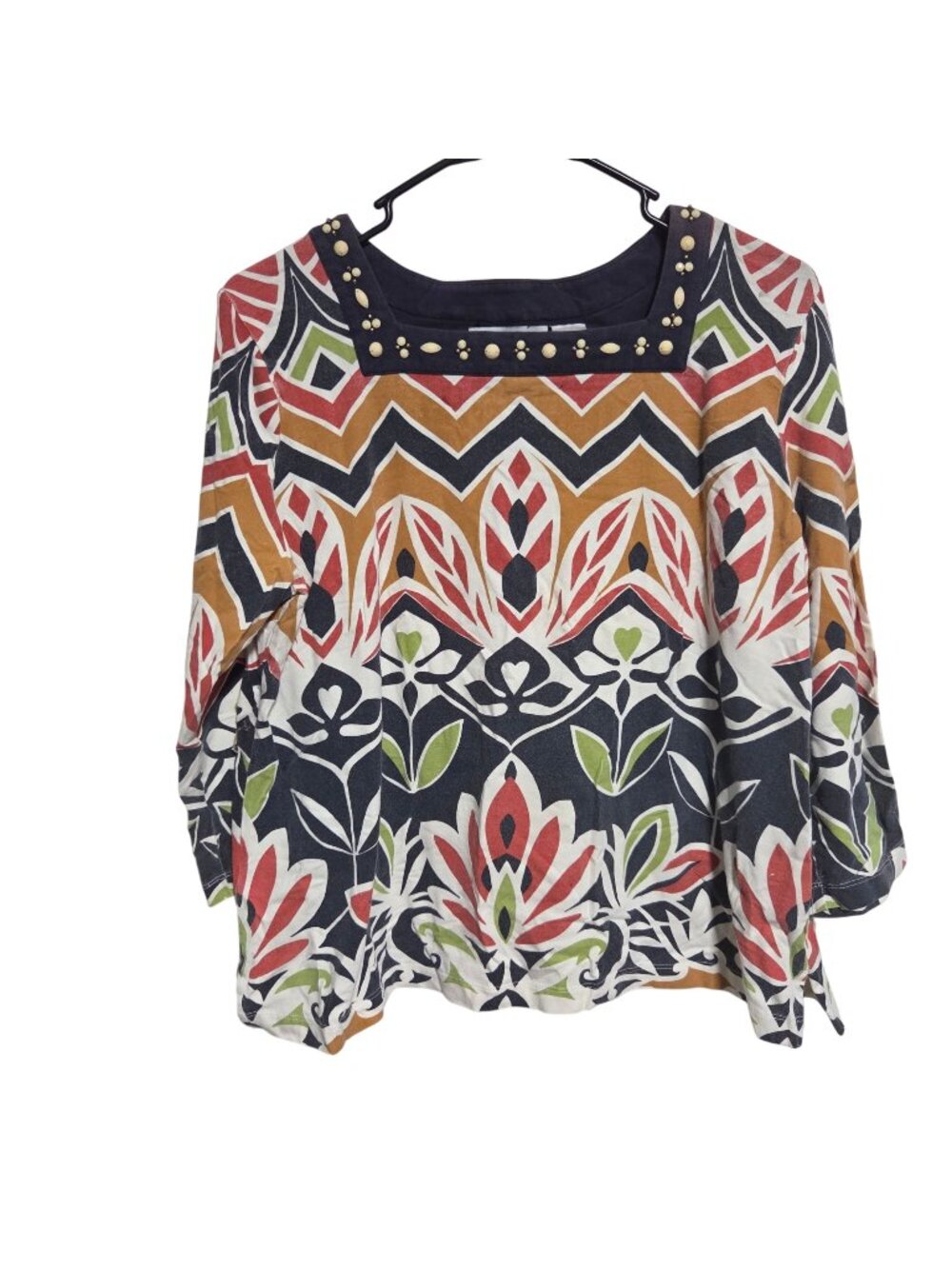 Alfred Dunner Petite Blouse Size 1X Geometric 3/4 Sleeve Beaded Square Neckline